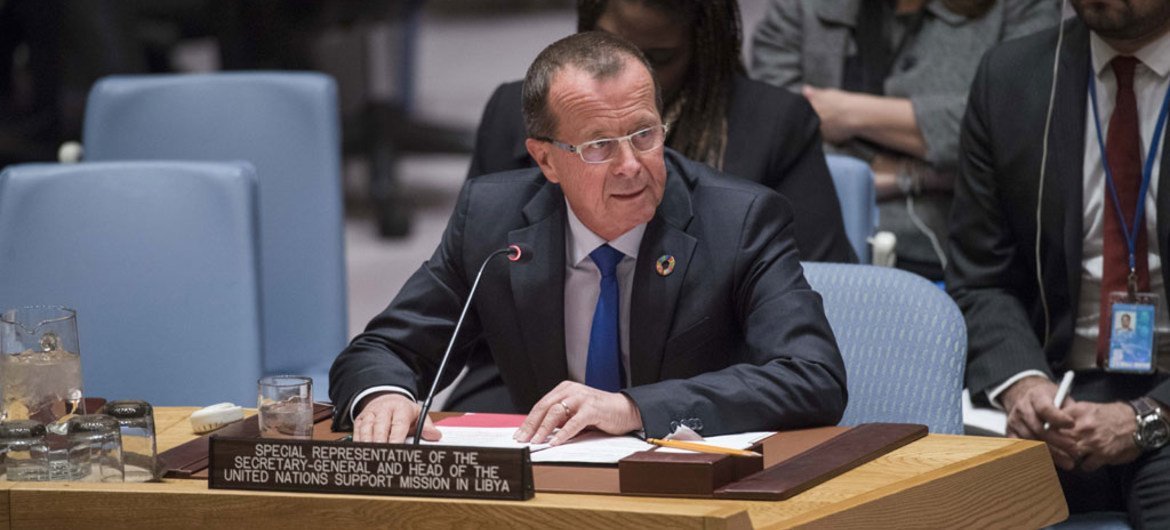 秘书长利比亚事务特别代表、联合国驻利比亚支助团负责人马丁•科布勒在安理会对利比亚局势做情况通报。(资料)