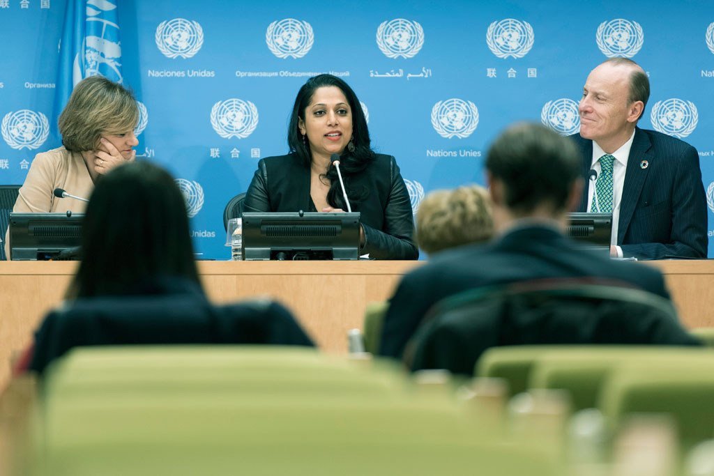 Penny Abeywardena (center), New York City Commissioner for International Affairs, briefs the press during the launch of a report on the United Nations’ economic impact on the city of New York.