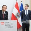 Secretary-General Ban Ki-moon at a press stakeout with the Federal Minister for Europe, Integration and Foreign Affairs of Austria, Sebastian Kurz.