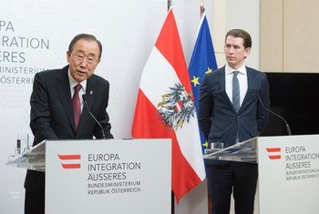 Secretary-General Ban Ki-moon at a press stakeout with the Federal Minister for Europe, Integration and Foreign Affairs of Austria, Sebastian Kurz.