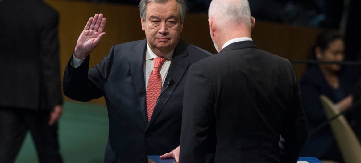 António Guterres, Secretary-General-designate of the United Nations, takes the oath of office for his five-year term, which begins on 1 January 2017. The oath was administered by Peter Thomson, President of the 71st session of the General Assembly.