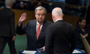 António Guterres, Secretary-General-designate of the United Nations, takes the oath of office for his five-year term, which begins on 1 January 2017. The oath was administered by Peter Thomson, President of the 71st session of the General Assembly.
