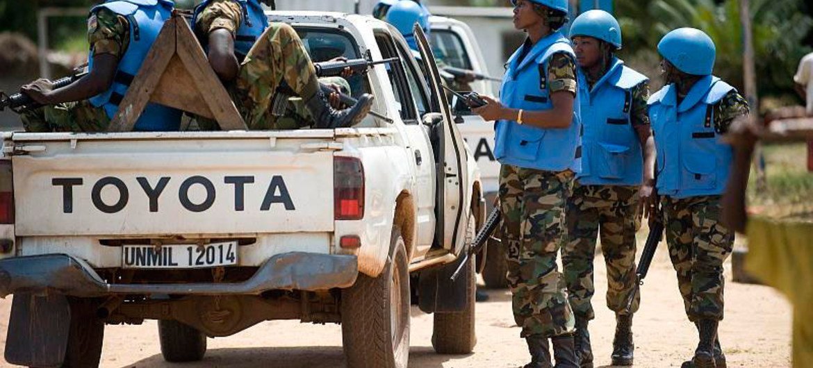 Peacekeepers with the United Nations Mission in Liberia (UNMIL) on patrol.