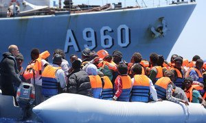 Migrants from the Mediterranean are rescued in the Channel of Sicily, Italy.