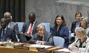 António Guterres (centre) makes his first address to the Security Council as Secretary-General, on the issue of conflict prevention and sustaining peace. At right is Margot Wallström of Sweden, President of the Council for the month of January.