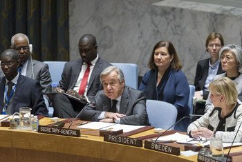 António Guterres (centre) makes his first address to the Security Council as Secretary-General, on the issue of conflict prevention and sustaining peace. At right is Margot Wallström of Sweden, President of the Council for the month of January.