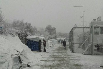 Migrant and asylum-seeker camp on the Greek island of Lesvos covered in snow as icy temperatures and heavy snowstorms affect region. January 2017.