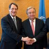 Secretary-General António Guterres with Nicos Anastasiades, President of the Republic of Cyprus (left) and Mustafa Akinci, Leader of the Turkish Cypriot Community (right) in Geneva.