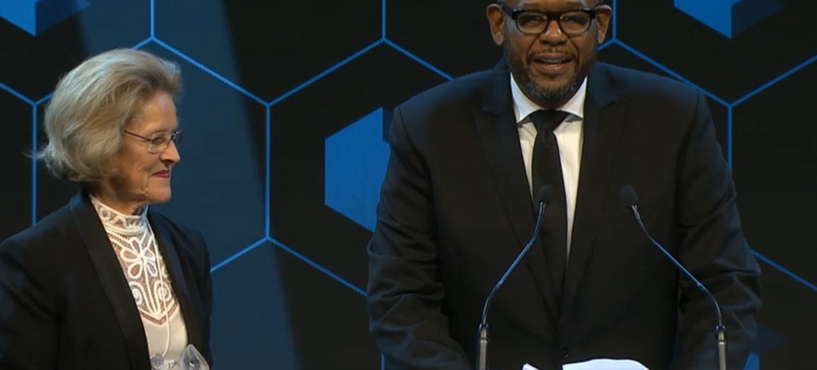 UN agency envoy Forest Whitaker honoured at the 47th World Economic Forum Annual Meeting in Davos, Switzerland (screenshot)