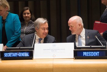 Secretary-General António Guterres (left) with Peter Thomson, President of the General Assembly, at the high-level dialogue on building sustainable peace for all.