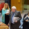 Stephen O'Brien (centre), Under-Secretary-General for Humanitarian Affairs and Emergency Relief Coordinator, arrives in the Security Council Chamber to brief the Council on the humanitarian situation in Syria.