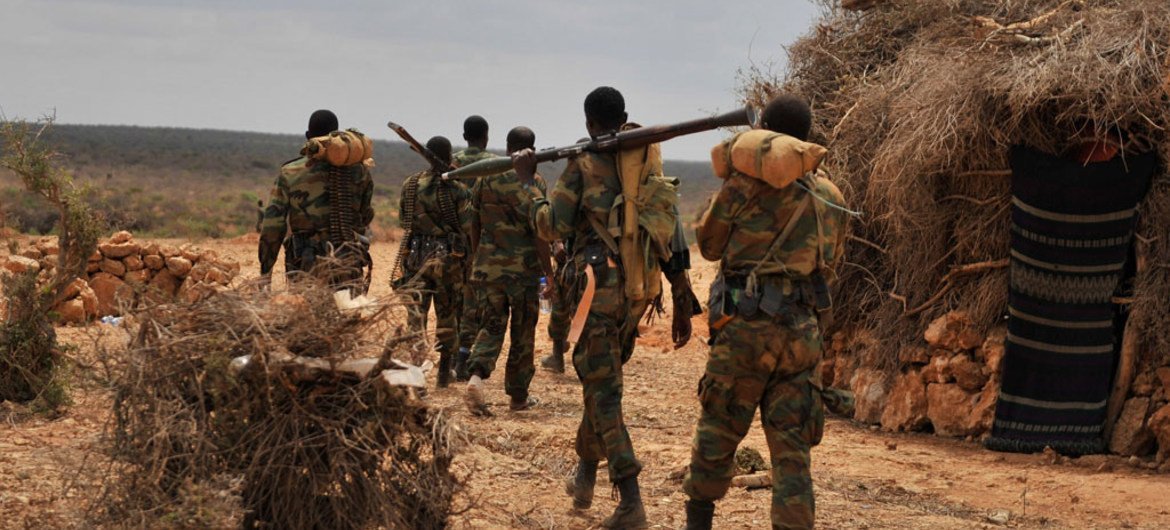 Ethiopian soldiers serving under the African Union Mission in Somalia (AMISOM) on foot patrol in Halgan village, Hiran region, on 10 June 2016, a day after a battle with Al-Shabaab militants.