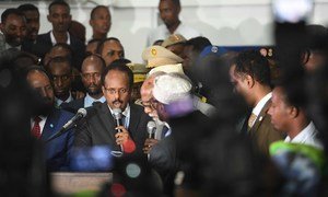 The new President of Somalia, Mohamed Abdullahi Farmajo, is sworn in after he was declared the winner of the election held at the Mogadishu Airport hangar.