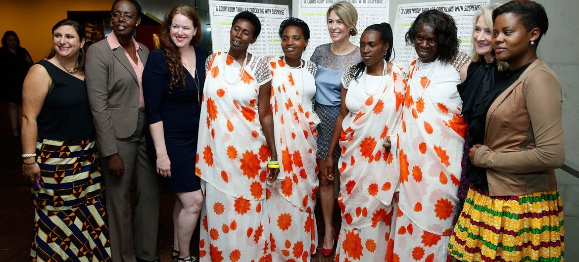 Film Director Michele Mitchell (5th right) at the UN screening of "The Uncondemned" with the four women who testified before the International Criminal Tribunal for Rwanda and Godeliève Mukasarasi of the SEVOTA support group for widows and orphans.