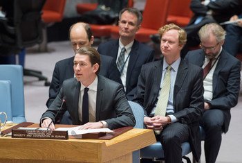 Austria’s Foreign Minister Sebastian Kurz, in his role as the chair of the Organization for Security and Co-operation in Europe (OSCE), addresses the Security Council.