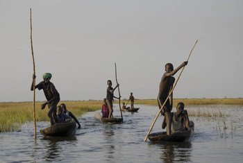 De jeunes garçons rentrent chez eux après avoir pêché pendant une journée dans les marécages de Nyal, au Soudan du Sud.