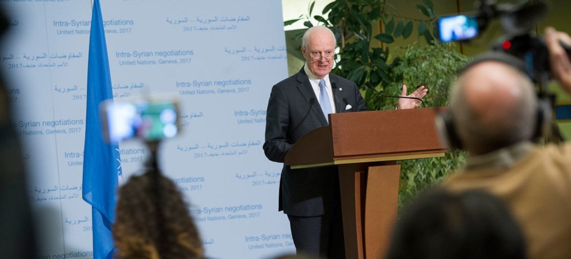 United Nations Special Envoy for Syria Staffan de Mistura briefs the press on the last day of the Intra-Syrian talks, Geneva. 3 March 2017.