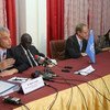 Security Council representatives speak to journalists during the Council's first ever visit to Niger.