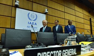 IAEA Director General Yukiya Amano (left) arrives for the 1453rd Board of Governors Meeting. IAEA, Vienna, Austria, 6 March 2017.