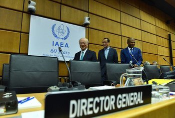 IAEA Director General Yukiya Amano (left) arrives for the 1453rd Board of Governors Meeting. IAEA, Vienna, Austria, 6 March 2017.