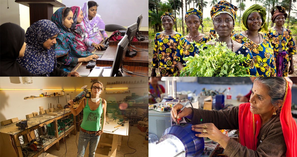 Des étudiantes d'un institut au Pakistan. Photo: Visual News Associates/Banque mondiale; Une coopérative de femmes rurales en Guinée. Photo: ONU Femmes/Joe Saade; Des femmes entrepreneurs au Liban. Photo: ONU Femmes/Joe Saade; Femmes et technologie. Photo: ONU Femmes/Gaganjit Singh
