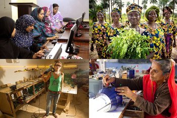 Des étudiantes d'un institut au Pakistan. Photo: Visual News Associates/Banque mondiale; Une coopérative de femmes rurales en Guinée. Photo: ONU Femmes/Joe Saade; Des femmes entrepreneurs au Liban. Photo: ONU Femmes/Joe Saade; Femmes et technologie. Photo
