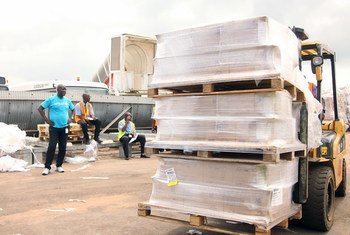 Relief supplies being transported at an airport in Sierra Leone during the response to west Africa Ebola outbreak. September 2014.