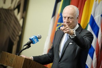 UN Special Envoy for Syria Staffan de Mistura speaks to journalists in New York following his closed-door briefing to the Security Council.