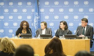 Left to right: Nancee Oku Bright (Office of the Secretary-General’s Special Representative on Sexual Violence in Conflict), Lisa Buttenheim (Department of Field Support), Maria Luiza Viotti, Chef de Cabinet, and Christian Saunders (Department of Management), brief the media on protection from sexual exploitation and abuse.