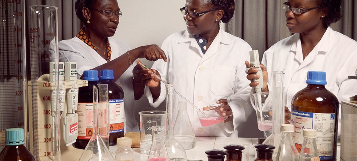 Professor Amivi Kafui Tete-Benissan (left) teaches cell biology and biochemistry at the University of Lomé, in the capital of Togo.