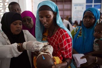 Des agents hospitaliers vaccinent des enfants lors de la première campagne de vaccination orale contre le choléra à l'hôpital Banadir de Mogadiscio, en Somalie.