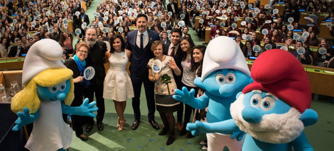 A wide view of the special event for the Sustainable Development Goals (SDGs) attended by voice actors from the upcoming animated movie “Smurfs: The Lost Village” and students from the international Model UN conference to celebrate International Day of Ha
