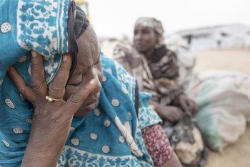 A Nigerian woman talks to UNHCR workers at Minawao camp in Cameroon. She fled the violent insurgency in Gamboru Ngala, Borno state in Nigeria, with her sister, Izza, (background).