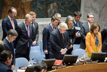 The delegation of the United Kingdom, led by Secretary of State for Foreign and Commonwealth Affairs and President of the Security Council for March, Boris Johnson (second from right, front), during a moment of silence for the victims of the 22 March terrorist attack in London.