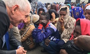 IOM Director General William Lacy Swing speaks to migrants at a detention centre in Tripoli, Libya on 22 March 2017.