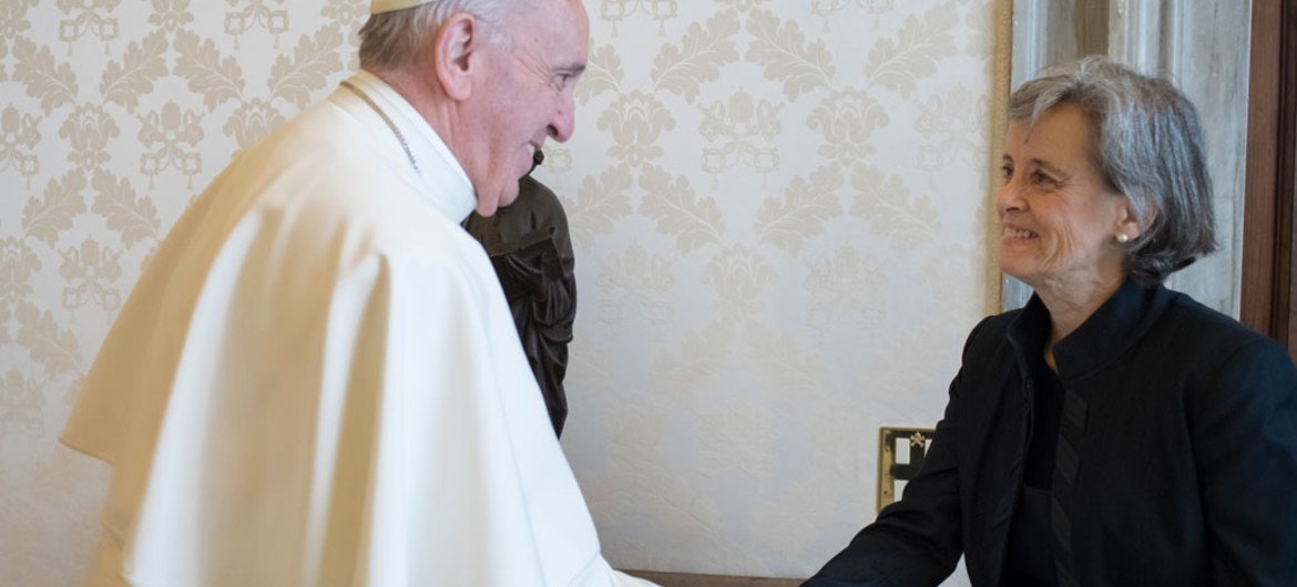 Marta Santos Pais, Special Representative of the Secretary-General meets with Pope Francis in a private audience at the Apostolic Palace.