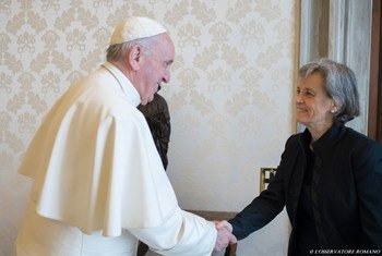 Marta Santos Pais, Special Representative of the Secretary-General meets with Pope Francis in a private audience at the Apostolic Palace.