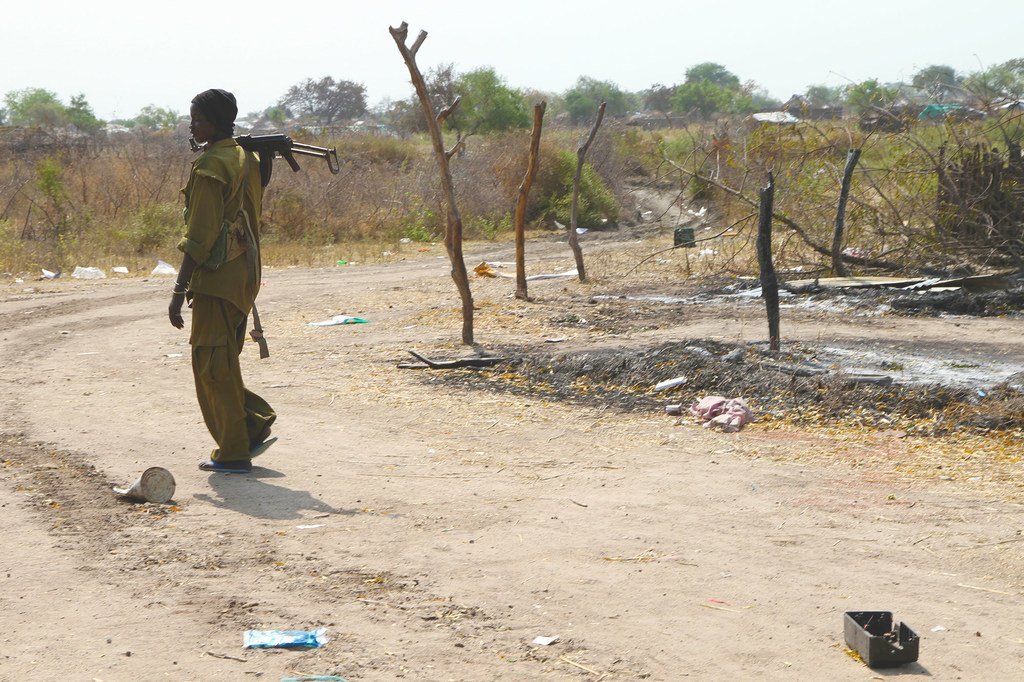 南苏丹皮博尔镇的一名武装人员。皮博尔已经发生暴力冲突，导致流离失所以及对民生和财产的破坏。