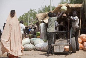 Les produits ruraux peuvent stimuler la nutrition urbaine. Des vendeurs de fruits déchargent des citrouilles sur un marché à Maradi, au Niger.