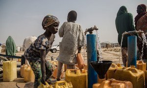 尼日利亚东北部博诺尔州首府迈杜古里的一处境内流离失所者营地内，一名女童正在汲水。