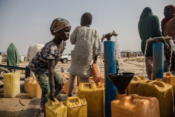 فتاة نيجيرية تجلب المياه لأسرتها في مخيم للنازحين داخليا في شمال شرق البلاد.