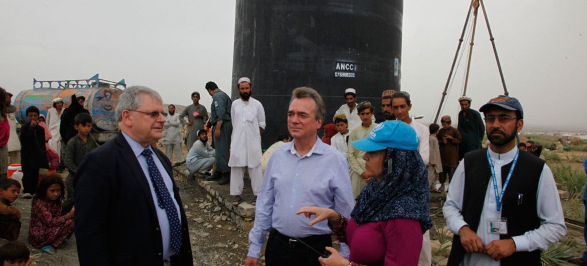 UN Humanitarian Coordinator for Afghanistan, Mark Bowden (left), and the Country Representative of the Office of the UN High Commissioner for Refugees (UNHCR), Bo Schack (centre) visiting south-eastern province of Khost.