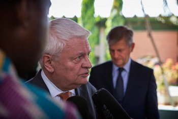 Under-Secretary-General for Peacekeeping Operations Hervé Ladsous speaks to journalists in Bamako, Mali, during his visit.