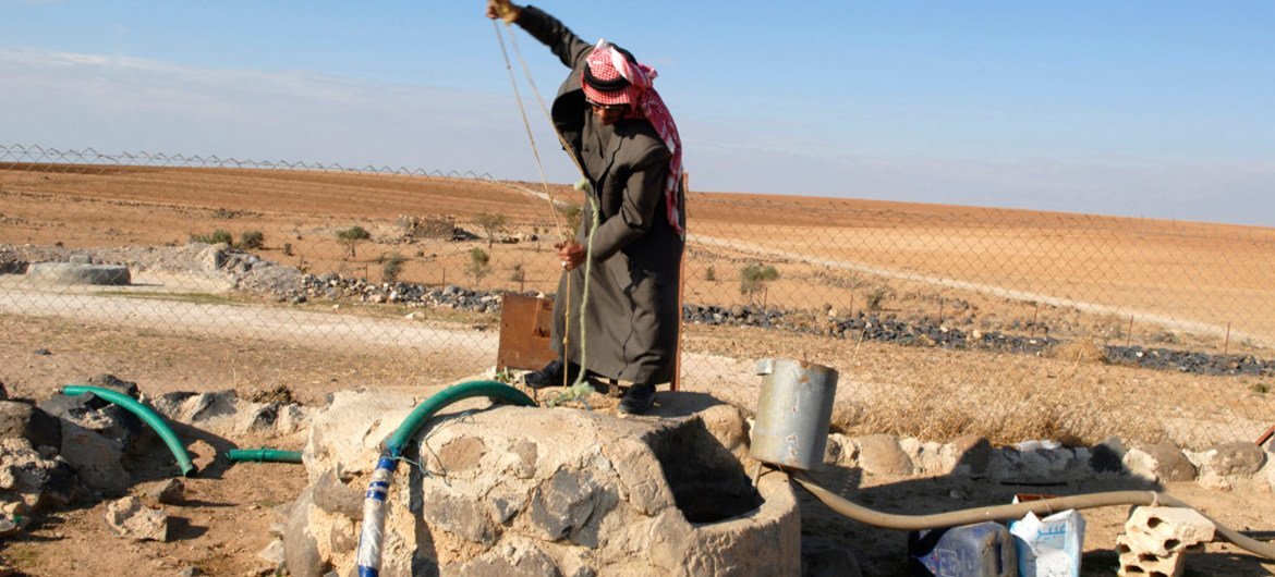 Un homme puise de l'eau pour arroser son champ en Jordanie. Photo FIDA/Lana Slezic