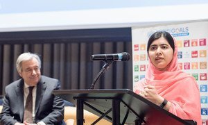 Malala Yousafzai, Messenger of Peace, speaks following her designation, as Secretary-General António Guterres looks on.