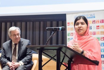 Malala Yousafzai, Messenger of Peace, speaks following her designation, as Secretary-General António Guterres looks on.
