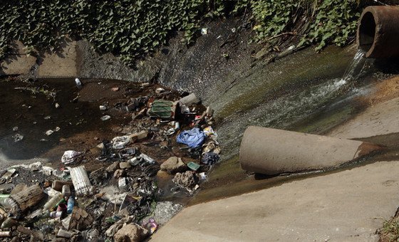 A água, juntamente com poluentes e agentes contaminantes, flui para um canal em Maputo, Moçambique