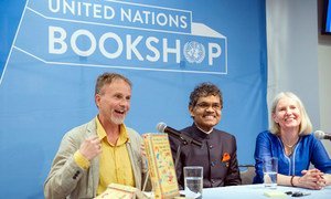 Author Per J. Andersson (left), Pradyumna Kumar Mahanandia (center) and Charlotte von Schedvin at a book launch event at in celebration of International Day of Happiness at the United Nations in New York.