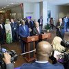 Secretary-General António Guterres (at podium, right) and Moussa Faki Mahamat, Chairperson of the African Union Commission, address the press following the signing of a Joint UN-AU Framework for Enhancing Partnerships on Peace and Security in 2017 (File).