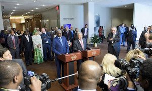 Secretary-General António Guterres (at podium, right) and Moussa Faki Mahamat, Chairperson of the African Union Commission, address the press following the signing of a Joint UN-AU Framework for Enhancing Partnerships on Peace and Security in 2017 (File).